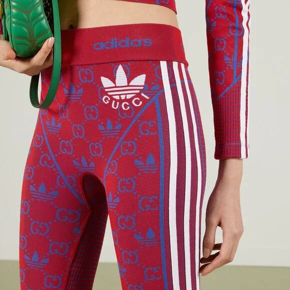 GUCCI PANTS RED GG LOGO TREFOIL JACQUARD JERSEY LEGGINGS sz L LARGE